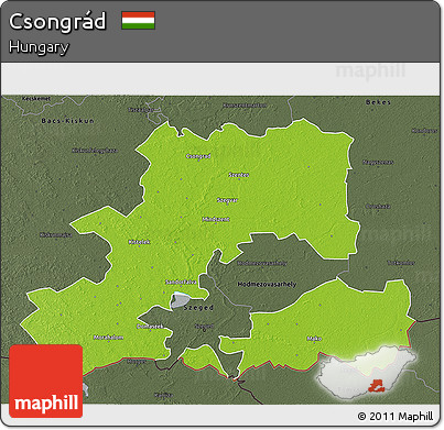 Physical 3D Map of Csongrád, darken, semi-desaturated