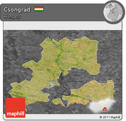 Satellite 3D Map of Csongrád, darken, desaturated