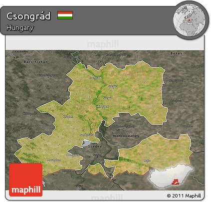 Satellite 3D Map of Csongrád, darken, semi-desaturated