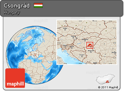 Shaded Relief Location Map of Csongrád, within the entire country