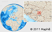 Shaded Relief Location Map of Csongrád, within the entire country