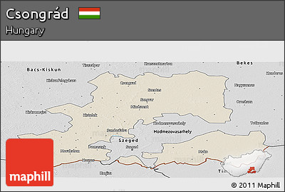 Shaded Relief Panoramic Map of Csongrád, desaturated