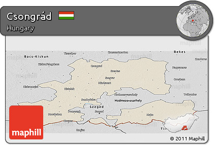 Shaded Relief Panoramic Map of Csongrád, desaturated