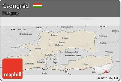 Shaded Relief Panoramic Map of Csongrád, desaturated