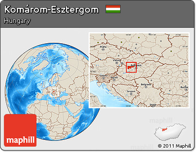 Shaded Relief Location Map of Komárom-Esztergom, within the entire country