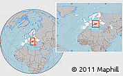 Gray Location Map of Hungary, highlighted continent, within the entire continent, hill shading