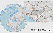 Gray Location Map of Hungary, lighten, desaturated, land only, hill shading
