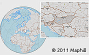 Gray Location Map of Hungary, lighten, semi-desaturated, land only, hill shading