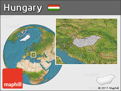 Gray Location Map of Hungary, satellite outside, hill shading