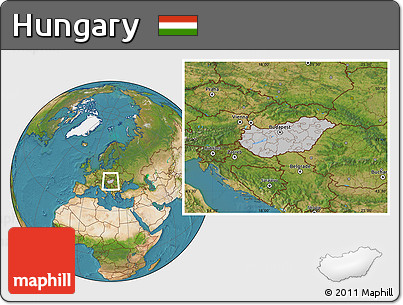 Gray Location Map of Hungary, satellite outside, hill shading