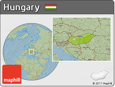 Physical Location Map of Hungary, savanna style outside, hill shading