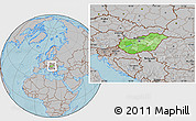 Political Location Map of Hungary, gray outside, hill shading