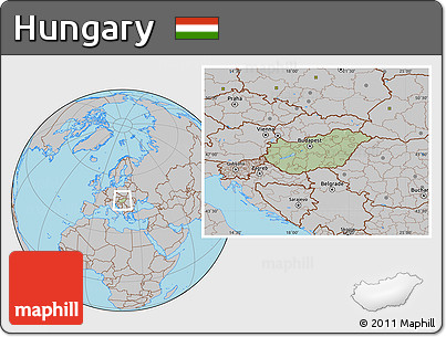 Savanna Style Location Map of Hungary, gray outside, hill shading inside