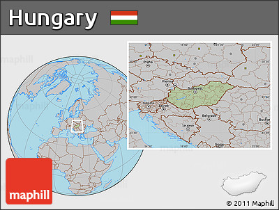 Savanna Style Location Map of Hungary, gray outside, hill shading inside