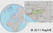 Savanna Style Location Map of Hungary, gray outside, hill shading inside