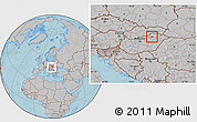 Gray Location Map of Miskolc, within the entire country, hill shading