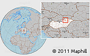 Gray Location Map of Miskolc, highlighted country, hill shading