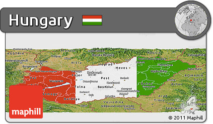 Flag Panoramic Map of Hungary, satellite outside, flag rotated