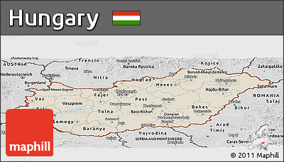 Shaded Relief Panoramic Map of Hungary, desaturated