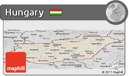 Shaded Relief Panoramic Map of Hungary, desaturated