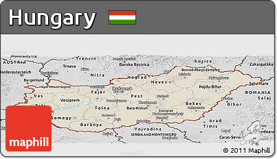 Shaded Relief Panoramic Map of Hungary, desaturated