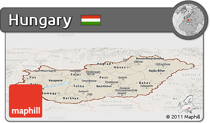 Shaded Relief Panoramic Map of Hungary, lighten