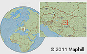 Savanna Style Location Map of Szeged, within the entire country, hill shading