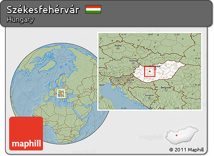 Savanna Style Location Map of Székesfehérvár, highlighted country, hill shading