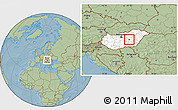 Savanna Style Location Map of Szolnok, highlighted country, hill shading