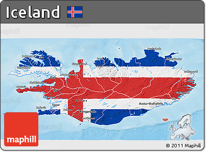 Flag 3D Map of Iceland, single color outside, shaded relief sea, flag centered