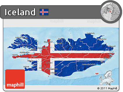 Flag 3D Map of Iceland, single color outside, shaded relief sea