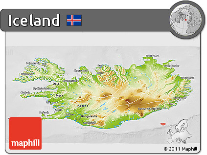 Physical 3D Map of Iceland, lighten, desaturated