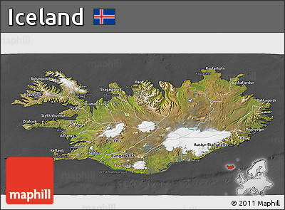 Satellite 3D Map of Iceland, darken, desaturated