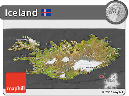 Satellite 3D Map of Iceland, darken, desaturated