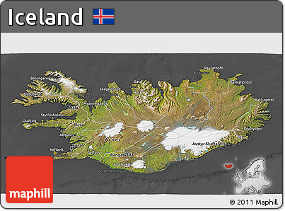 Satellite 3D Map of Iceland, darken, desaturated