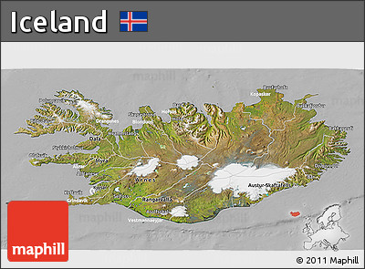 Satellite 3D Map of Iceland, lighten, desaturated