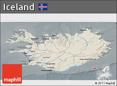 Shaded Relief 3D Map of Iceland, darken, semi-desaturated