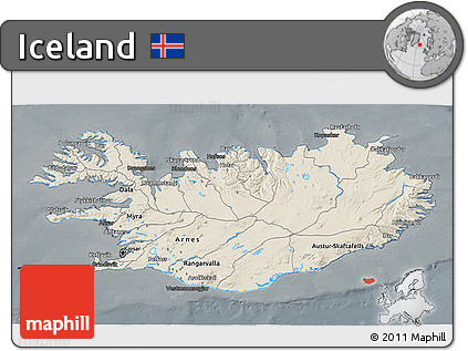 Shaded Relief 3D Map of Iceland, darken, semi-desaturated