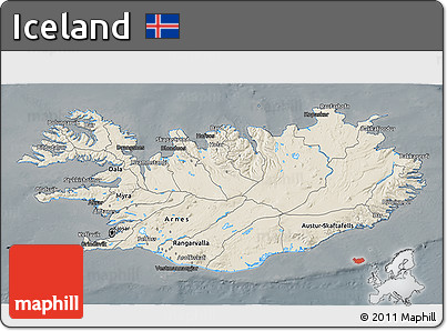 Shaded Relief 3D Map of Iceland, darken, semi-desaturated