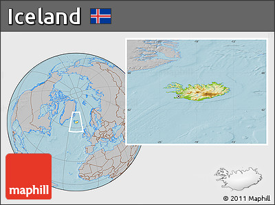 Physical Location Map of Iceland, gray outside, hill shading