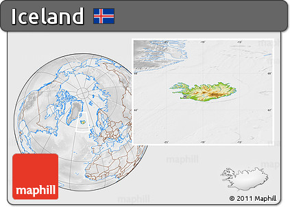 Physical Location Map of Iceland, lighten, desaturated