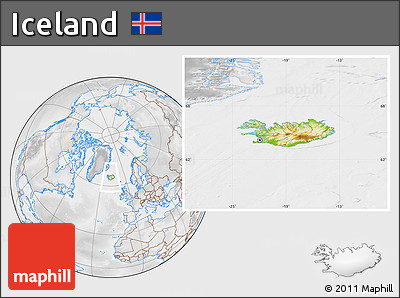 Physical Location Map of Iceland, lighten, desaturated