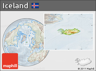 Physical Location Map of Iceland, lighten, semi-desaturated