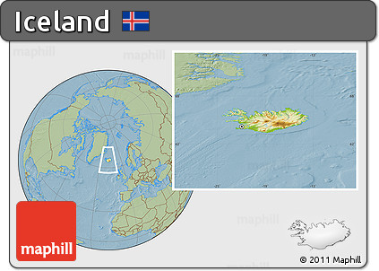 Physical Location Map of Iceland, savanna style outside, hill shading