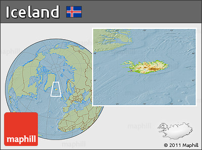 Physical Location Map of Iceland, savanna style outside, hill shading