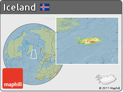 Physical Location Map of Iceland, savanna style outside, hill shading