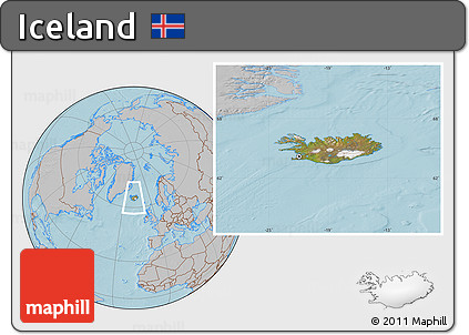 Satellite Location Map of Iceland, gray outside, hill shading