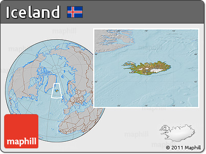Satellite Location Map of Iceland, gray outside, hill shading