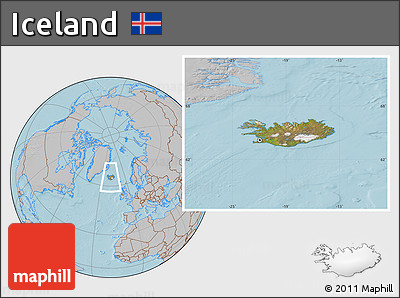 Satellite Location Map of Iceland, gray outside, hill shading