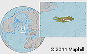 Satellite Location Map of Iceland, gray outside, hill shading